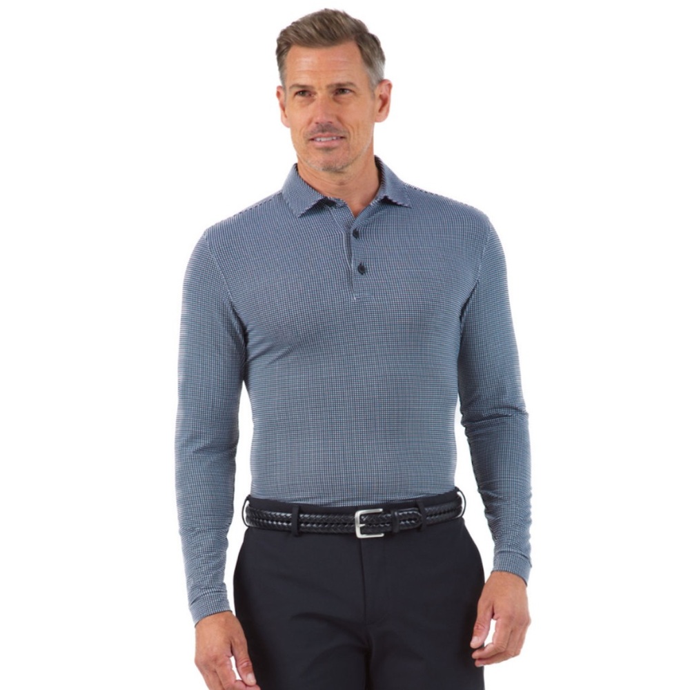 IBKUL Men’s Mini Check Long Sleeve Polo Shirt Navy Sz XL UPF 50+